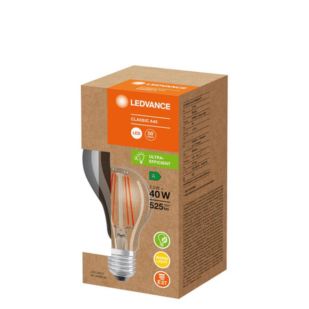 LED žárovka E27 A60 2.5W = 40W 525lm 3000K Teplá bílá 300° Filament LEDVANCE Ultra Efficient