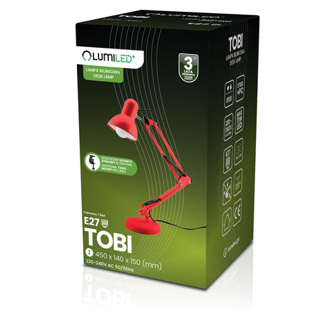 Stolní lampa E27, Červená + držák na stůl TOBI LUMILED