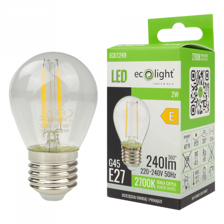 LED žárovka Ball P45 E27 2W 240lm 2700K Warm FILAMENT Ecolight