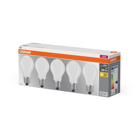 5x LED žárovka E27 A60 7W = 60W 806lm 2700K Teplá bílá 300° vlákno OSRAM