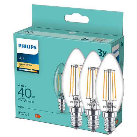 3x LED žárovka E14 svíčka B35 4,3W = 40W 470lm 2700K teplá bílá FILAMENT Philips