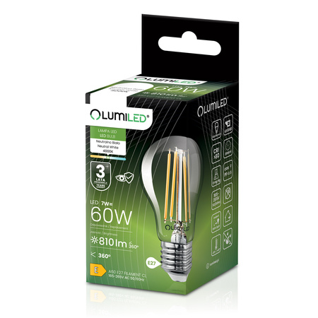 LED žárovka E27 A60 7W = 60W 806lm 3000K Warm 360° FILAMENT LUMILED