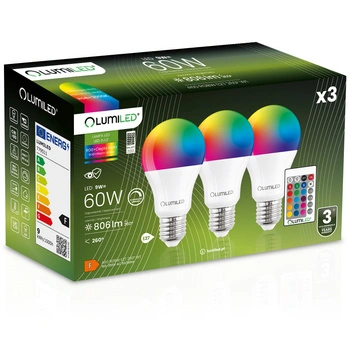 3x LED žárovka E27 A60 9W = 60W 806lm 3000K + RGB Multicolour 260° stmívatelná Pilot LUMILED