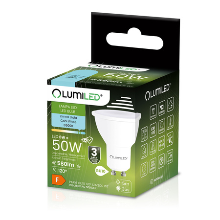 10x LED GU10 reflektor PAR16 6W = 50W 580LM 6500K studená bílá 120° s pohybovým čidlem LUMILED