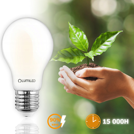 Žárovka LED E27, A60 8W = 75W 1055lm 3000K Teplá bílá 360° Mléčná Filament LUMILED