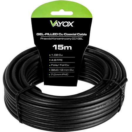 Anténní koaxiální kabel měděný gelový CU pozemní 4K Full HD černý 15M VAYOX