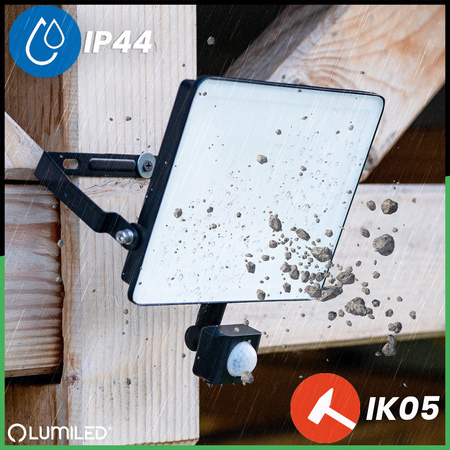 LED reflektor AZZLER 50W 6000lm 4000K IP44 Halogenová venkovní lampa se senzorem pohybu černá LUMILED