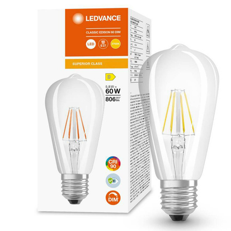 Edison LED žárovka E27 ST64 5.8W = 60W 806lm 2700K Teplá bílá 300° CRI90 vlákno Stmívatelné LEDVANCE Superior