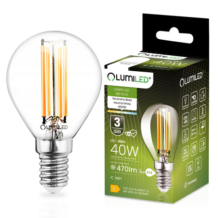 LED žárovka E14 P40 4W = 40W 470lm 4000lm neutrální bílá 360° vlákno LUMILED
