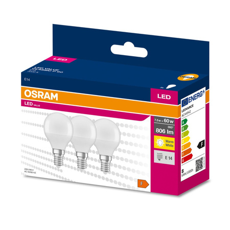 3x LED žárovka E14 P45 7W = 60W 806lm 3000K Teplá bílá 200° HODNOTA OSRAM