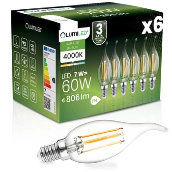 6x Žárovka LED Plamínek BA35, E14 7W = 60W 770lm 4000K Neutralní bílá 360° Filament LUMILED