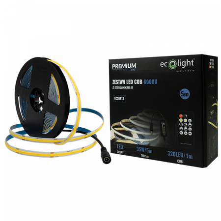 LED pásek COB 7W/m 630lm/m 320LED/m 24V 6000K studená bílá IP20 Roll 5m + napájecí zdroj + dálkové ovládání Ecolight