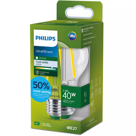 LED žárovka E27 A60 2,3W = 40W 485lm 4000K neutrální bílá vlákno PHILIPS Ultra Efficient