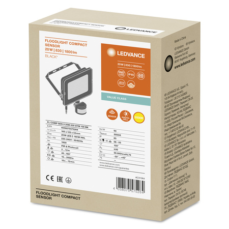 Reflektor LED 20W 1800lm 3000K IP65 Černá se senzorem pohybu a soumraku LEDVANCE COMPACT V
