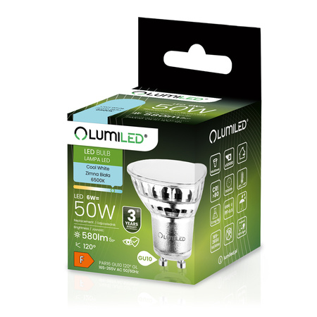 Žárovka LED GU10, 6W = 50W 580lm 6500K Studená bílá 120° Skleněná LUMILED