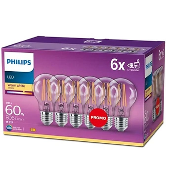 6x LED Žárovka E27 A60 7W = 60W 806lm 2700K Teplá bílá vlákno PHILIPS