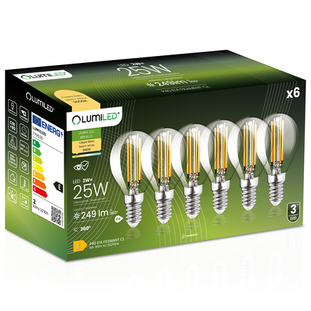 6x LED žárovka E14 Ball P45 2W = 25W 249lm 3000K Warm 360° FILAMENT LUMILED