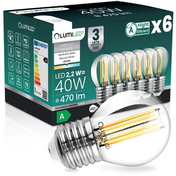 6x LED žárovka E27 kapka P45 2,2W 470lm = 40W 4000K neutrální bílá 360° vlákno energetická třída A LUMILED