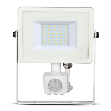 Reflektor LED 30W 2400lm 3000K IP65 Bílý s pohybovým senzorem a funkcí CUT-OFF Samsung Chip VT-30-SW V-TAC