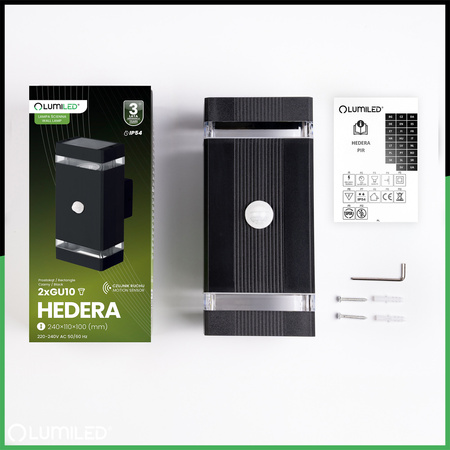 Zahradní nástěnné svítidlo shora dolů 2x GU10 Black Senzor pohybu a soumraku HEDERA LUMILED