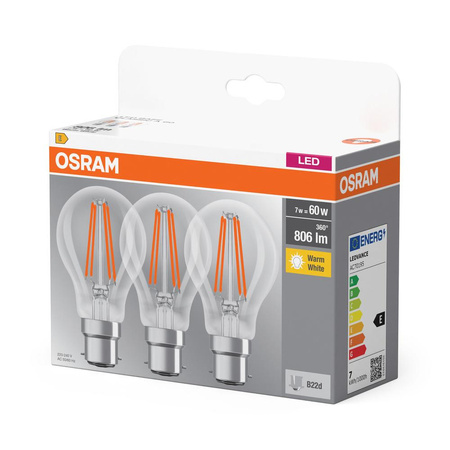 3PAK LED žárovka B22d A60 6,5W = 60W 806lm 2700K Warm 360° Filament OSRAM