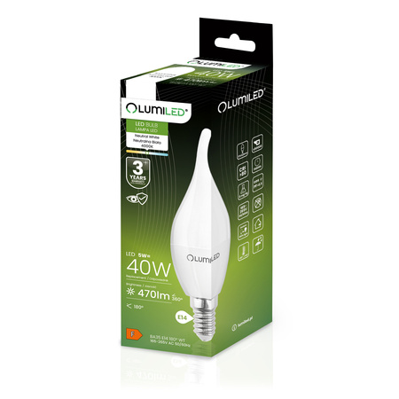 6x Žárovka LED E14, BA35 5W = 40W 470lm 4000K Neutrální bílá 180° LUMILED