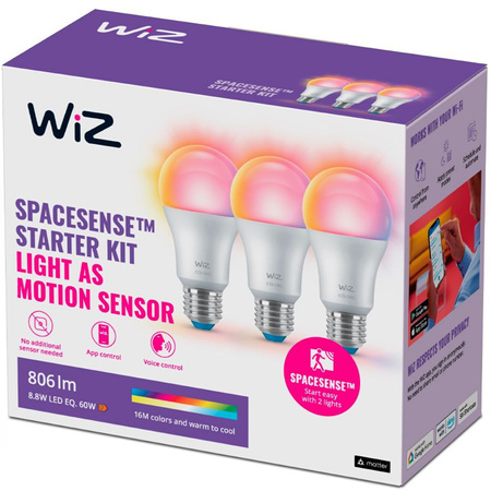 3x LED žárovka E27 A60 8,5W = 60W 2200-6500K + RGB SMART WiFi WiZ