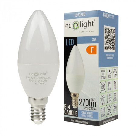 LED žárovka svíčka B37 E14 3W 270lm 6500K studená bílá Ecolight