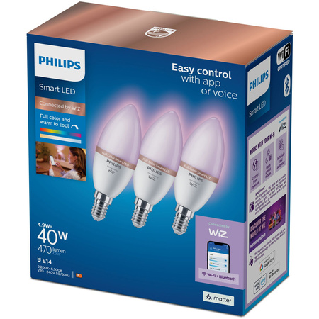 3x LED žárovka E14 C37 4,9W = 40W 2200-6500K + RGB SMART WiFi Philips WiZ