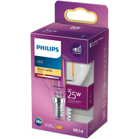 E14 P45 LED žárovka 2W = 25W 250lm 2700K Teplá bílá vlákno PHILIPS
