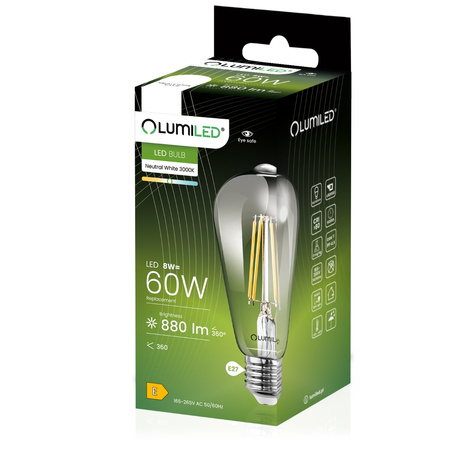 6x Žárovka LED Edison ST64, E27 8W = 60W 880lm 4000K Neutralní bílá 360° Filament LUMILED