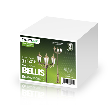 Venkovní zahradní lampa 3x E27, LED sloupek lucerna 2m Patina BELLIS LUMILED