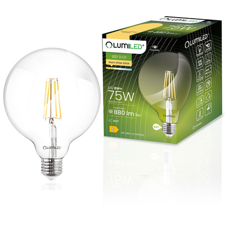 Žárovka Dekorativní Kulka LED E27, G95 8W = 75W 880lm 3000K Teplá bílá 360° Filament globe LUMILED