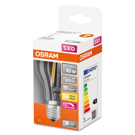 LED žárovka E27 A60 5W = 40W 470lm 2700K Teplá bílá 320° Vlákno Stmívatelné OSRAM SUPERSTAR