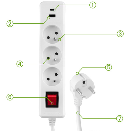 Síťový prodlužovací kabel s uzemněním 3 zásuvky 1,5 m vypínač bílý USB + USB-C kabel ELGER Lumiled