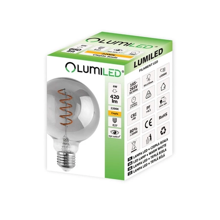 3x Dekorativní Kulatá Žárovka LED E27, G95 6W = 50W 420lm 2200K Teplá bílá 360° Filament Globe Smokey LUMILED