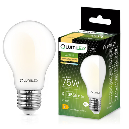 Žárovka LED E27, A60 8W = 75W 1055lm 3000K Teplá bílá 360° Mléčná Filament LUMILED