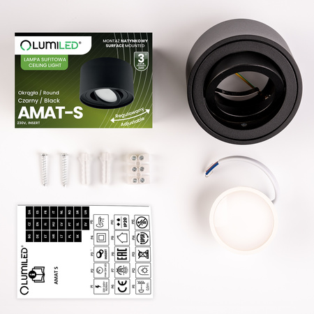 Povrchové Halogenové svítidlo, TUBA SPOT Nastavitelná Kulatá 50mm Černá AMAT-S + LED 7W 3000K LUMILED