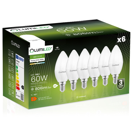 6x Žárovka LED Svíčka B35, E14 8W = 60W 806lm 4000K Neutralní bílá 180° LUMILED