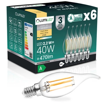 6x LED žárovka E14 svíčka BA35 2,2W 470lm = 40W 2700K teplá bílá 360° Filament energetická třída A LUMILED