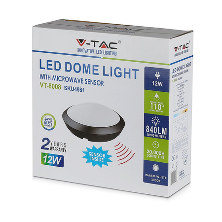 Stropní svítidlo LED Plafond 12W 3000K 840lm IP66 kulaté s mikrovlnným senzorem černé VT-8008 V-TAC