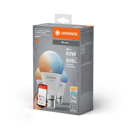 LED žárovka B22 9W = 60W 806lm CCT Stmívatelná SMART+ WiFi Classic Ledvance