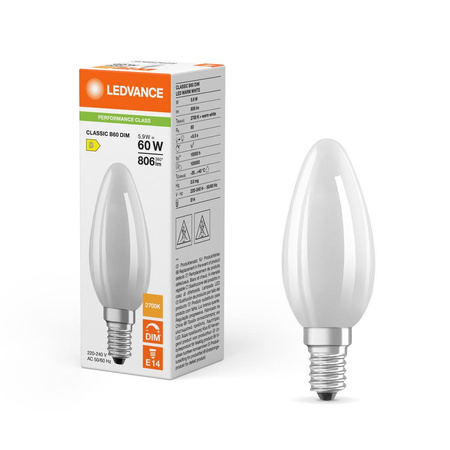 LED žárovka E14 B35 5,9W = 60W 806lm 2700K teplá bílá 300° Dimmable Ledvance
