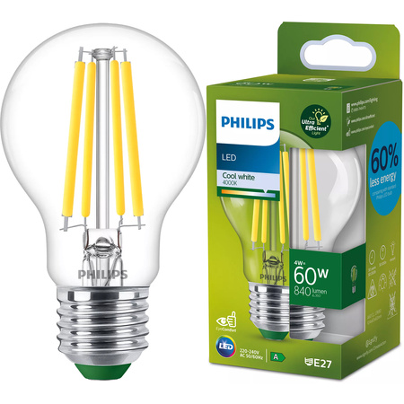 LED žárovka E27 A60 4W = 60W 840lm 4000K Neutrální bila vlákno PHILIPS Ultra Efficient