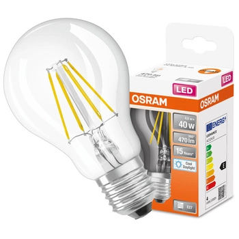 LED žárovka E27 A60 CL 4W = 40W 470lm 6500K Studená bílá 300° vlákno OSRAM STAR