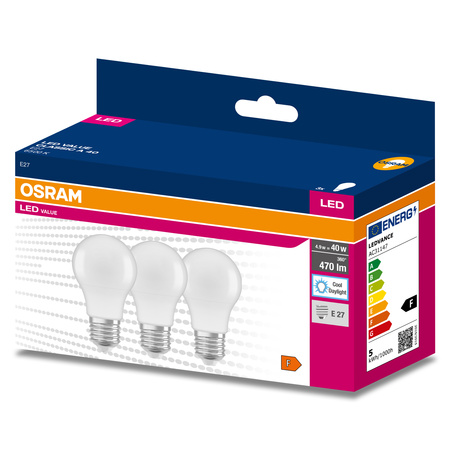 3x LED žárovka E27 A60 4.9W = 40W 470lm 6500K Studená bílá 180° OSRAM Hodnota