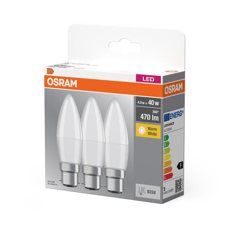 3x LED žárovka B37 Candle B22d 4,9W = 40W 470lm 2700K Warm 200° BASE Osram