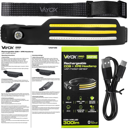 Dobíjecí čelová svítilna 3x COB + XPE Pro Series VA0130 VAYOX