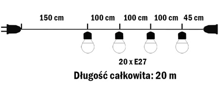 Venkovní zahradní girlanda světelný řetěz 20m 20xE27 LED 1.3W
