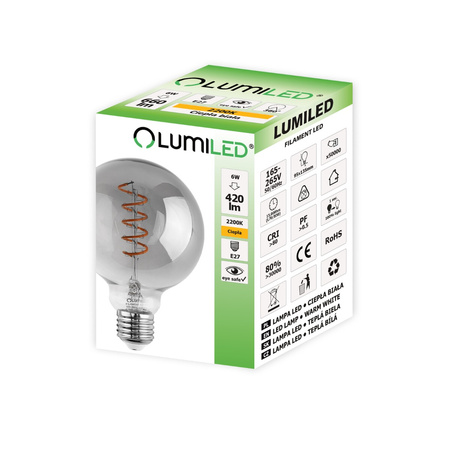 3x Dekorativní Kulatá Žárovka LED E27, G95 6W = 50W 420lm 2200K Teplá bílá 360° Filament Globe Smokey LUMILED